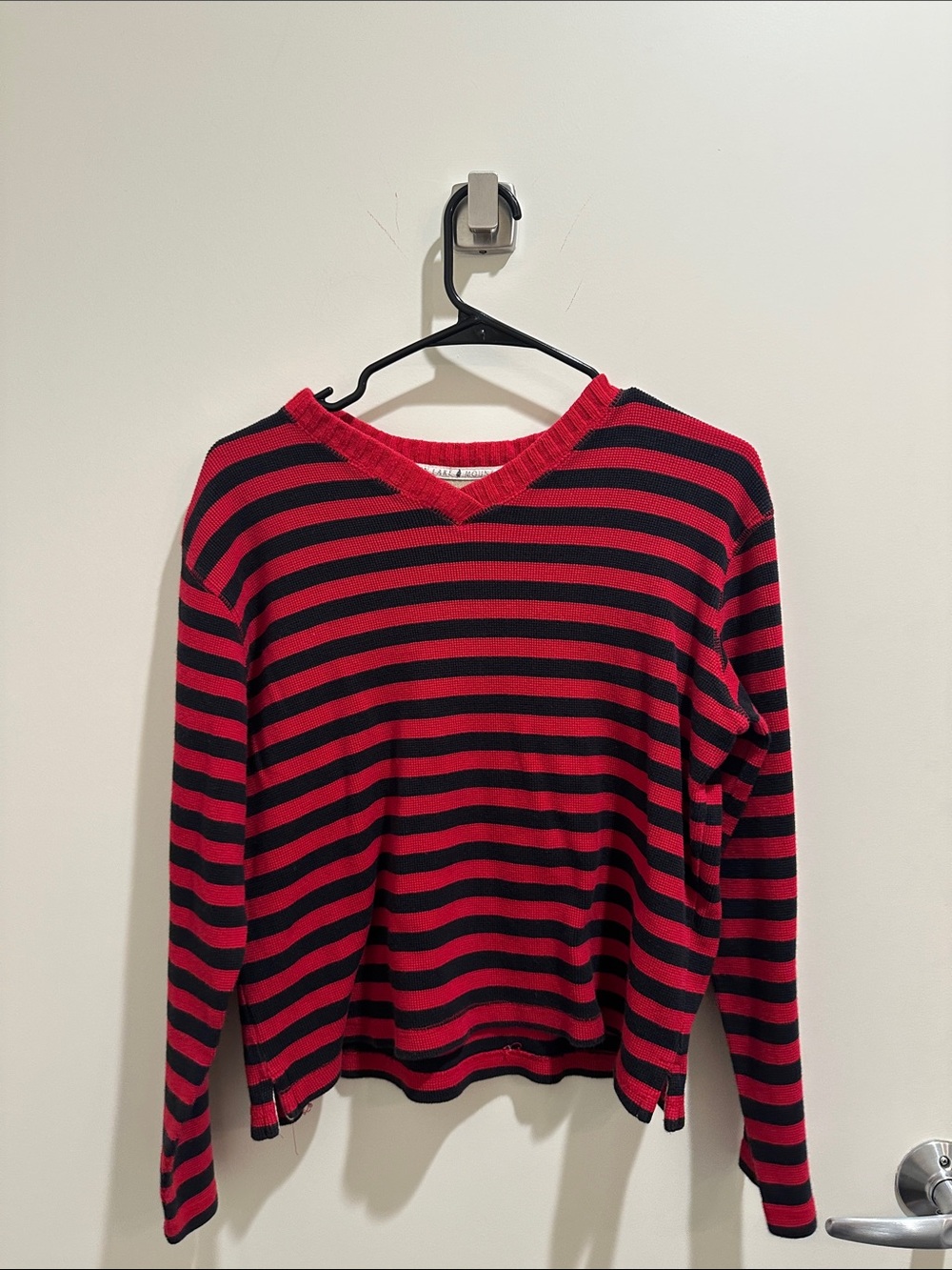 Mountain Lake Red and Black Striped V‑Neck Sweater